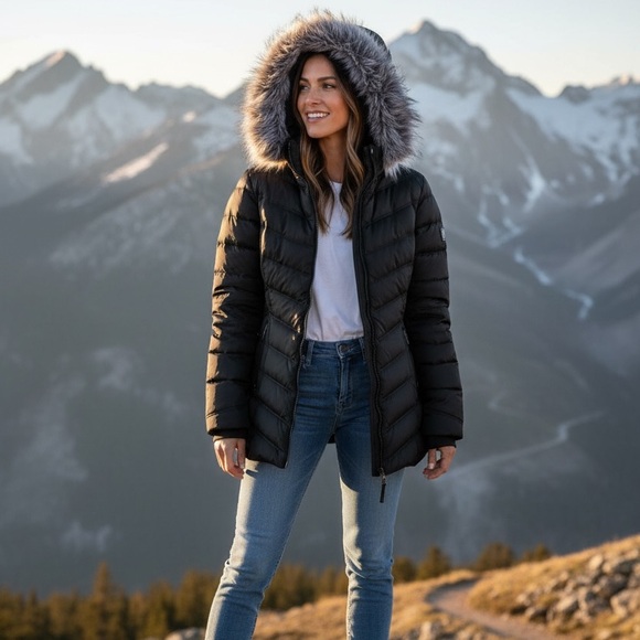 Nautica Women's Black Puffer Jacket with Faux Fur Hood large - Picture 2 of 14